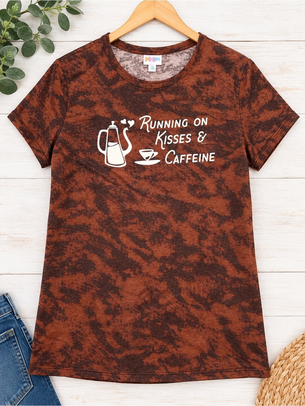 LuLaRoe Brown Tie-Dye "Running on Kisses & Caffeine" Tee